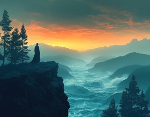 Silhouette of a person standing on a rocky cliff overlooking a misty valley with river flowing through mountains at sunrise with colorful sky