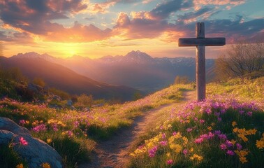 Wooden cross standing on a vibrant flower-covered hillside with a winding path leading to distant snow-capped mountains at sunset under a colorful cloudy sky