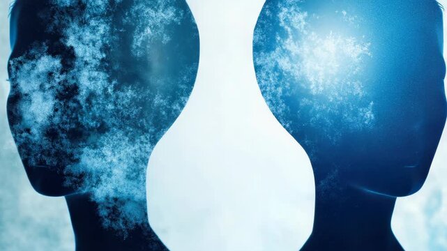Silhouette of dual-profile faces in abstract blue texture