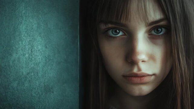 Young Caucasian woman with long hair and blue eyes, somber gaze