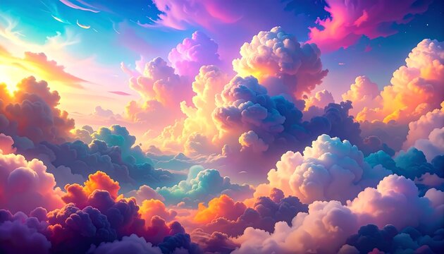 A dreamy vista of luminous clouds in vibrant hues of pastel and gold sky