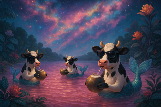 Landscapes of Cosmic Spa Lake with Cow-Mermaids Under Alien Sky