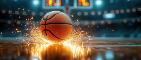 Basketball bouncing on shiny court floor creating sparks and glowing light with blurred scoreboard and hoop in background