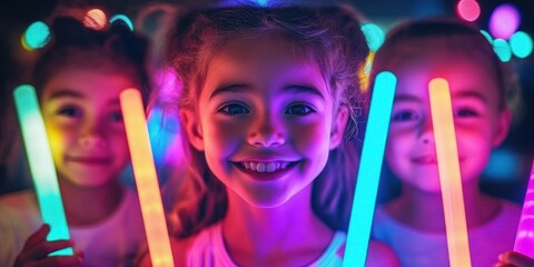 three happy children smiling and holding colorful glowing light sticks at night with vibrant neon lights in the background