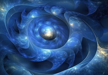 Abstract swirling blue vortex with bright glowing core and translucent layered shapes creating depth and a sense of motion