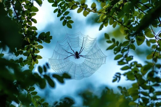 Black spider sitting in the center of its intricate web surrounded by green leaves and branches with a soft blue sky background creating a serene natural scene - Powered by Adobe