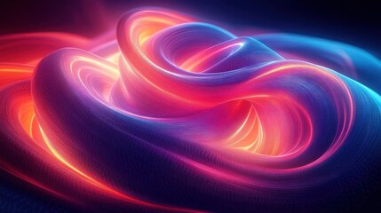 Vibrant abstract glowing twisted torus shape with flowing neon gradients of purple, pink, red, and blue on a dark background, evoking futuristic and dynamic energy