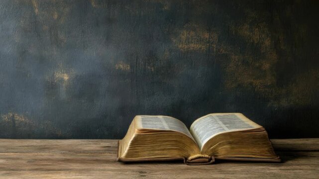 Open vintage book lies on wooden table