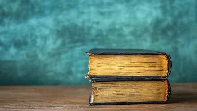 Two vintage books stacked on wooden table against green background