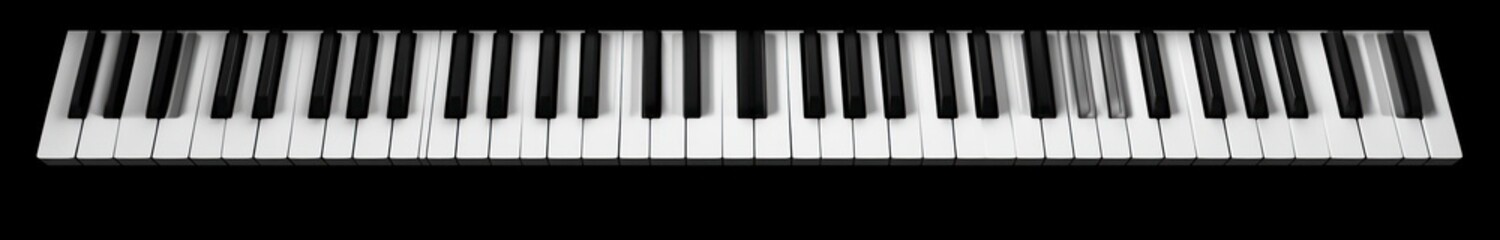 Naklejka premium Horizontal view of a full piano keyboard with black and white keys isolated on a black background