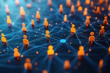 Abstract digital representation of interconnected people icons symbolizing a network with glowing orange human figures connected by blue lines and nodes on dark background