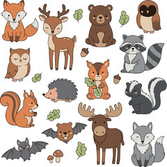 Fototapeta premium A collection of cute cartoon forest animals, including a fox, deer, bear, owl, raccoon, squirrel, hedgehog, skunk, moose, and bat, with leaves and acorns.