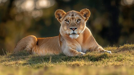 Obraz premium Lioness resting calmly on grassy ground with warm sunlight and blurred natural background