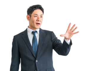 手のひらを拡げるスーツ姿の中年アジア人ビジネスマン（拒否・驚く・注意・びっくり・ダメ・止める）
