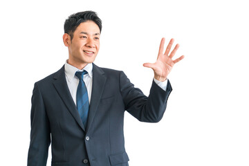 手のひらを拡げるスーツ姿の中年アジア人ビジネスマン（チャレンジ・掴む・夢・希望・起業）
