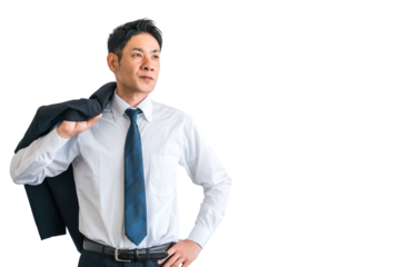 ジャケットを肩にかけるスーツ姿の中年アジア人ビジネスマン（起業・ビジョン・夢・目標・自己啓発）
