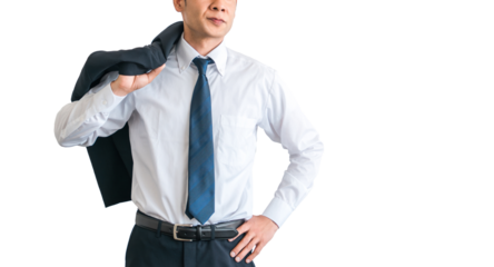 ジャケットを肩にかけるスーツ姿の中年アジア人ビジネスマン
