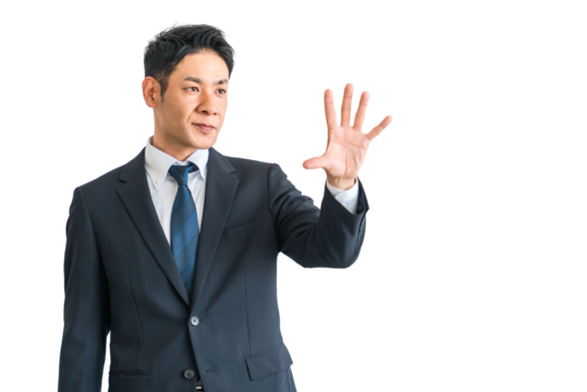 手のひらを拡げるスーツ姿の中年アジア人ビジネスマン

