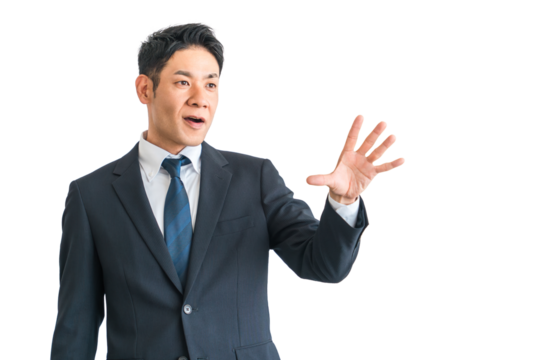 手のひらを拡げるスーツ姿の中年アジア人ビジネスマン（拒否・驚く・注意・びっくり・ダメ・止める）
