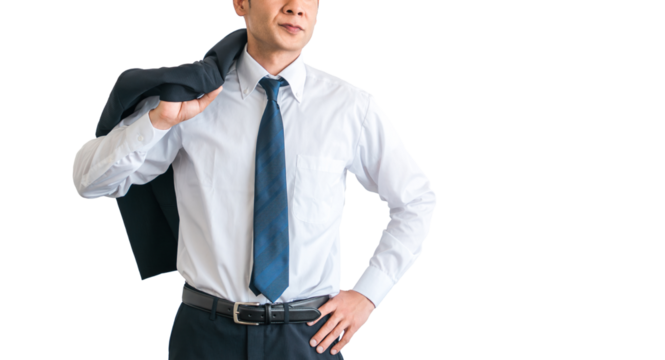 ジャケットを肩にかけるスーツ姿の中年アジア人ビジネスマン
