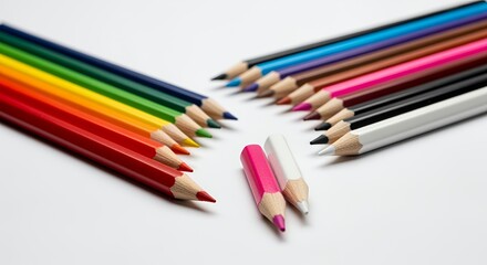 Naklejka premium Vibrant colored pencils arranged in a V-shape with two pencils standing out in the center, creating a visually appealing composition perfect for creative projects.