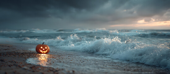 A spooky beach Halloween scene featuring a glowing jack-o'-lantern amidst ocean waves, perfect for seasonal promotions with copy space.