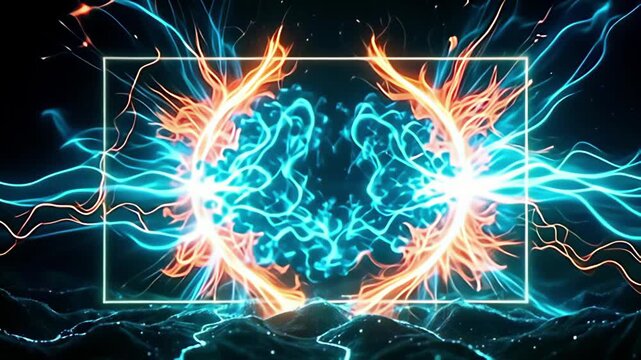 The digital grid Border Frame forming from glowing lines materializes, embraced by radiant bursts of orange and turquoise energy flowing like solar winds, adding a dynamic flair against the
