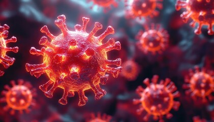 Obraz premium Close-up 3D rendering of multiple red virus particles with spike proteins floating in a dark background, showing detailed texture and glowing effect