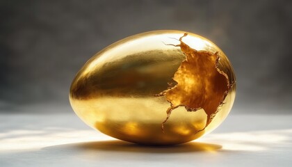 Obraz premium Close-up of a shiny golden egg with a large cracked hole revealing an uneven, textured interior, set against a soft, blurred grey background evoking curiosity and mystery