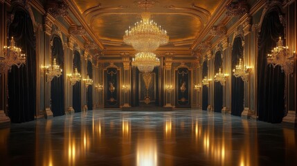 Obraz premium Luxurious grand ballroom with ornate golden decorations, multiple large sparkling chandeliers, heavy dark drapes, detailed wall moldings, and polished reflective floor emitting warm golden light