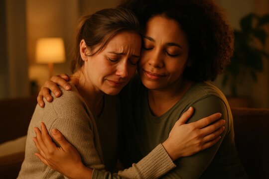 Compassionate embrace between loved ones providing emotional support and mental health comfort during difficult times