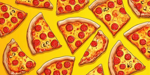 Multiple slices of pepperoni pizza with melted cheese arranged on a bright yellow background, vibrant and appetizing with a playful feel