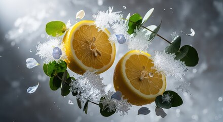 Two sliced lemons with green leaves and ice crystals floating against a blurred gray background