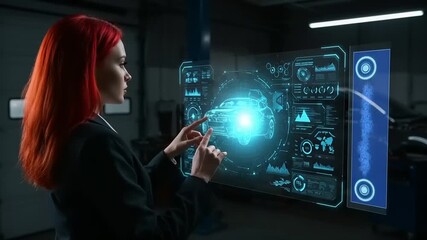 Woman interacting with holographic car diagnostics interface - Powered by Adobe