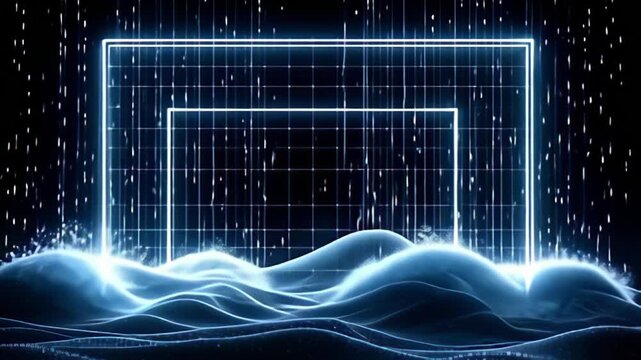 In the depths of a shadowy black canvas, a Digital grid Border Frame forming from glowing lines unfolds, surrounded by cascading waves of shimmering light that ebb and flow gently, crafting
