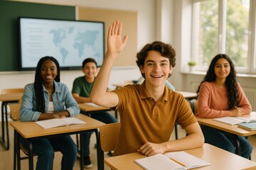 Enthusiastic high school student raising hand to participate in engaging classroom discussion