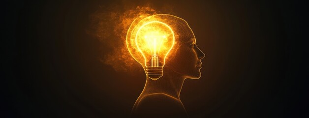 Profile of a wireframe human head with a glowing fiery light bulb inside symbolizing bright ideas and creativity