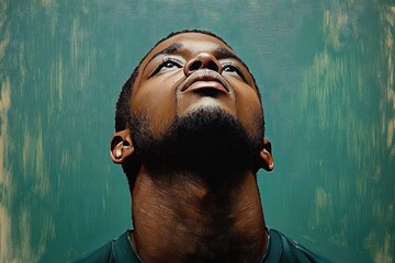 Close-up portrait of a young man with dark skin looking upwards with a contemplative and hopeful expression against a textured green background