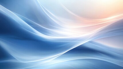 Smooth flowing abstract waves in soft blue and white tones blending into warm light, evoking calm, serenity, and gentle movement