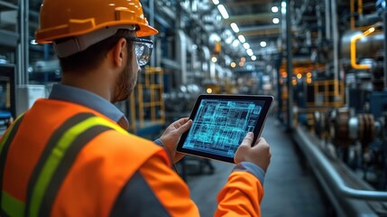 Engineer in safety gear using tablet with digital blueprint in industrial factory setting focusing on advanced manufacturing technology
