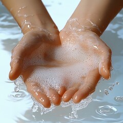 Fototapeta premium Close-up of cupped hands holding clear, foamy water with droplets splashing around, symbolizing cleanliness and refreshment
