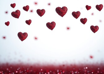 multiple shiny red hearts suspended and scattered against a soft white background evoking feelings of love and celebration