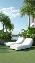 Fototapeta premium Tropical Outdoor Lounge with Lush Greenery and Water View