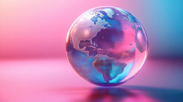 Transparent glass globe showing continents of North and South America with vibrant pink and blue light reflections on a smooth surface