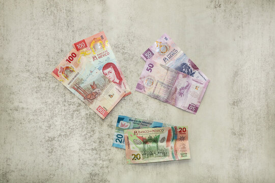 San Diego, CA USA on March 19, 2025. Mexican currency bills of 100, 50 and 20 pesos. Series G bank notes.