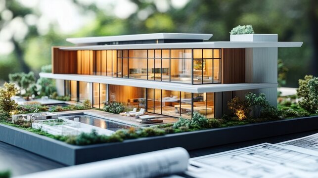 Modern minimalist architectural model of a two-story house with large glass windows, illuminated interiors, surrounding greenery, and outdoor lounge area, evoking sophistication and calm