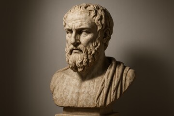 Classical marble sculpture representing stoic philosophy with weathered ancient Greek aesthetic and contemplative expression