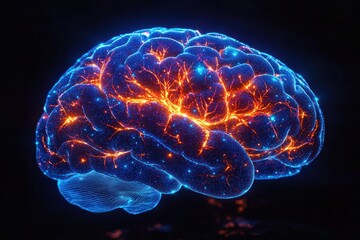 Glowing neon blue brain with vibrant orange neural network and synaptic activity illuminated against a dark background, visualizing brain function and connectivity