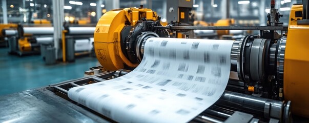 Obraz premium High speed industrial machine printing newspapers in a large factory with multiple rolling machines in the background