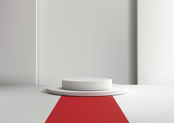 mockup display podium with white circular pedestals on red carpet in clean white background for product presentation showroom showcase minimal modern concept